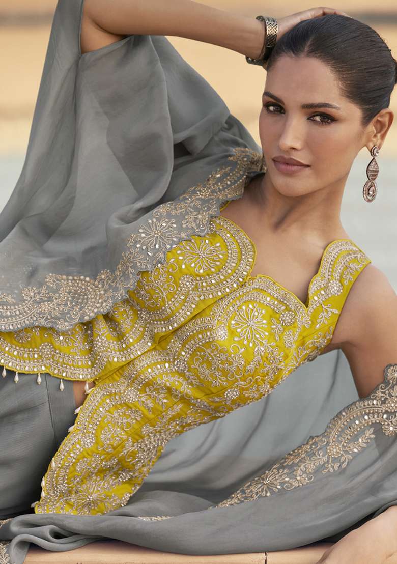 Yellow Embroidered Silk Gown - Indya