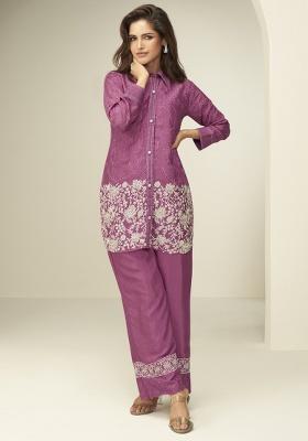 Onion Pink Embroidered Silk Kurta Set