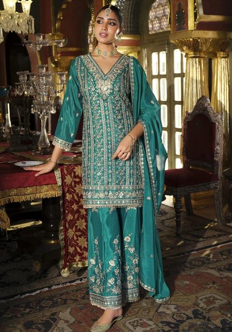 Turquoise Embroidered Silk Kurta Set