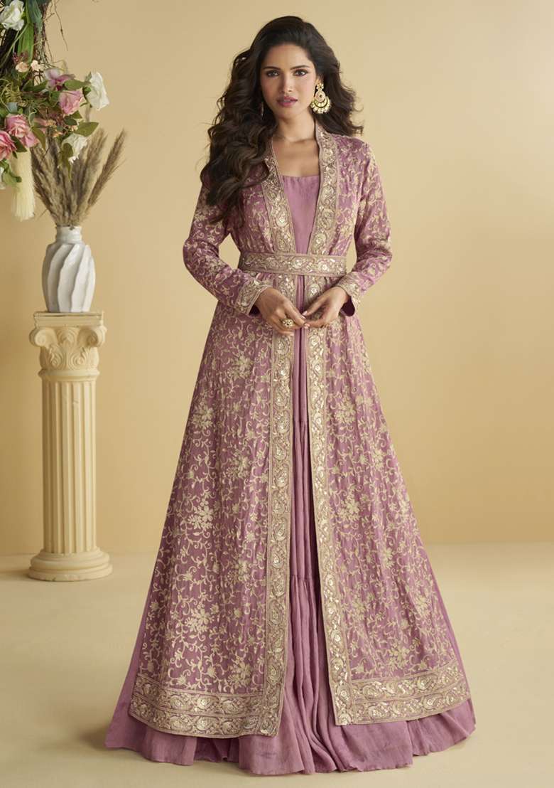 Onion Pink Embroidered Silk Blend Anarkali Set - Indya