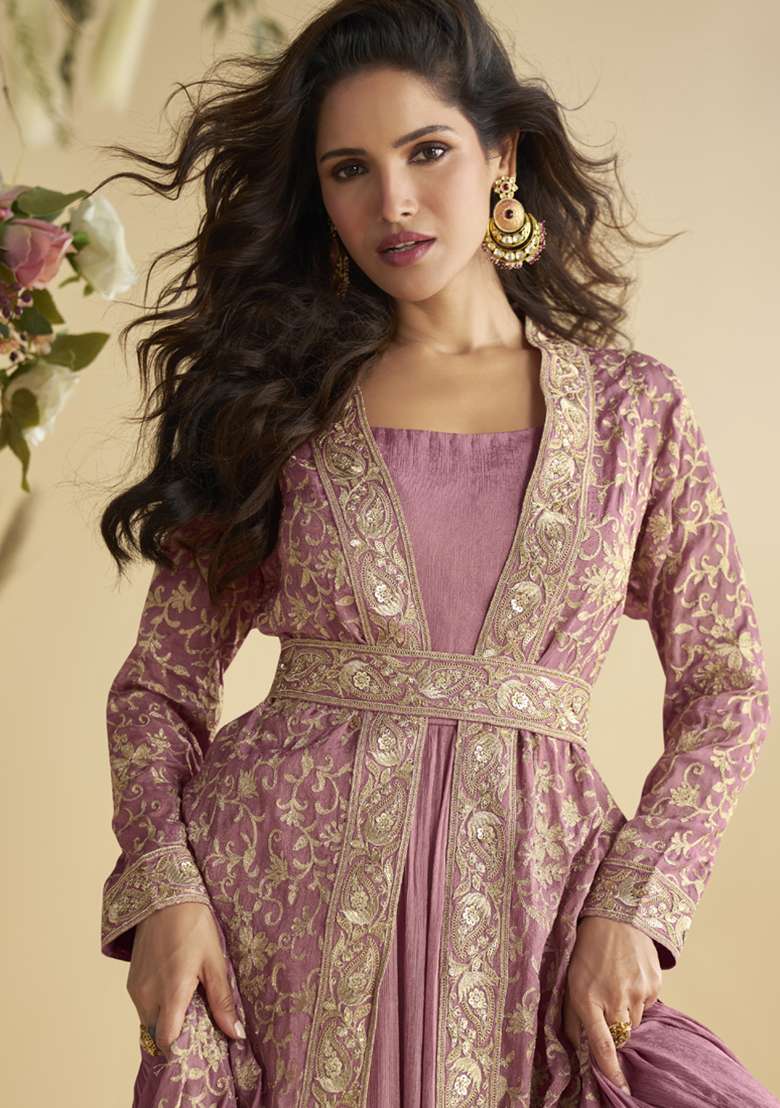 Onion Pink Embroidered Silk Blend Anarkali Set - Indya