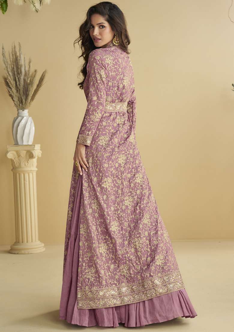 Onion Pink Embroidered Silk Blend Anarkali Set - Indya