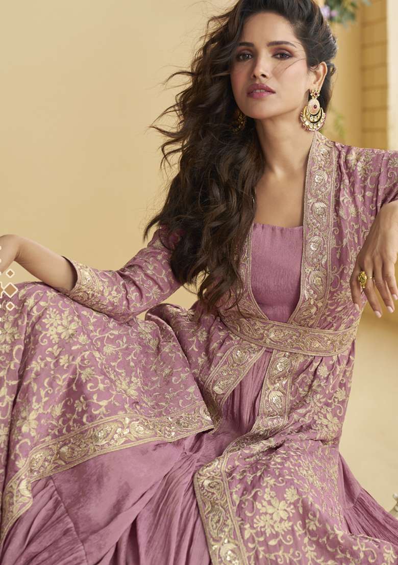 Onion Pink Embroidered Silk Blend Anarkali Set - Indya