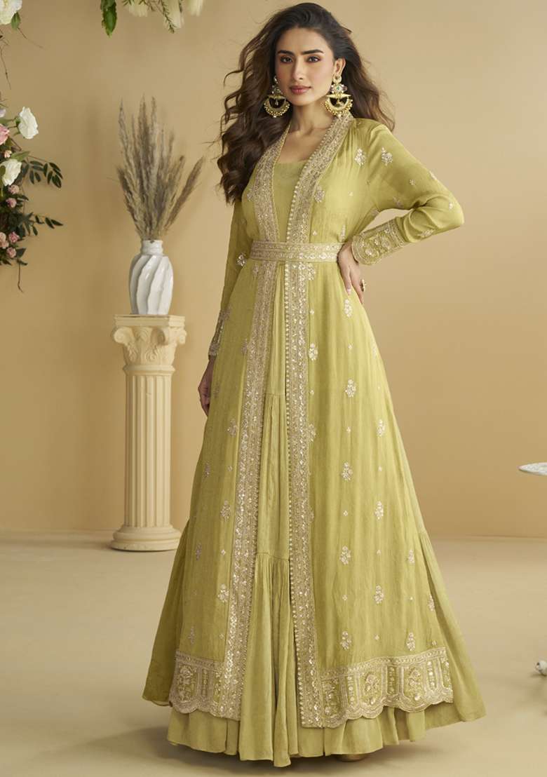 Yellow Embroidered Silk Blend Anarkali Set - Indya