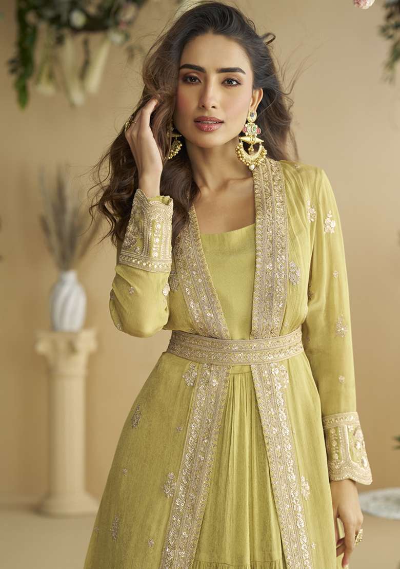 Yellow Embroidered Silk Blend Anarkali Set - Indya