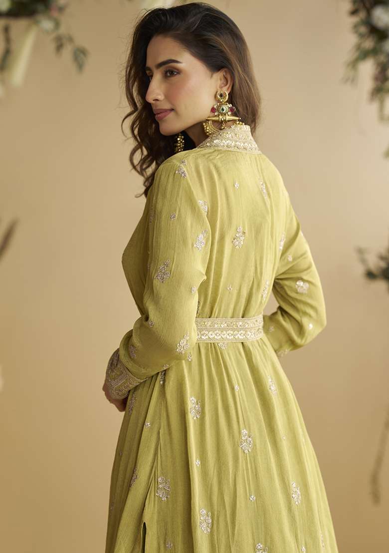 Yellow Embroidered Silk Blend Anarkali Set - Indya