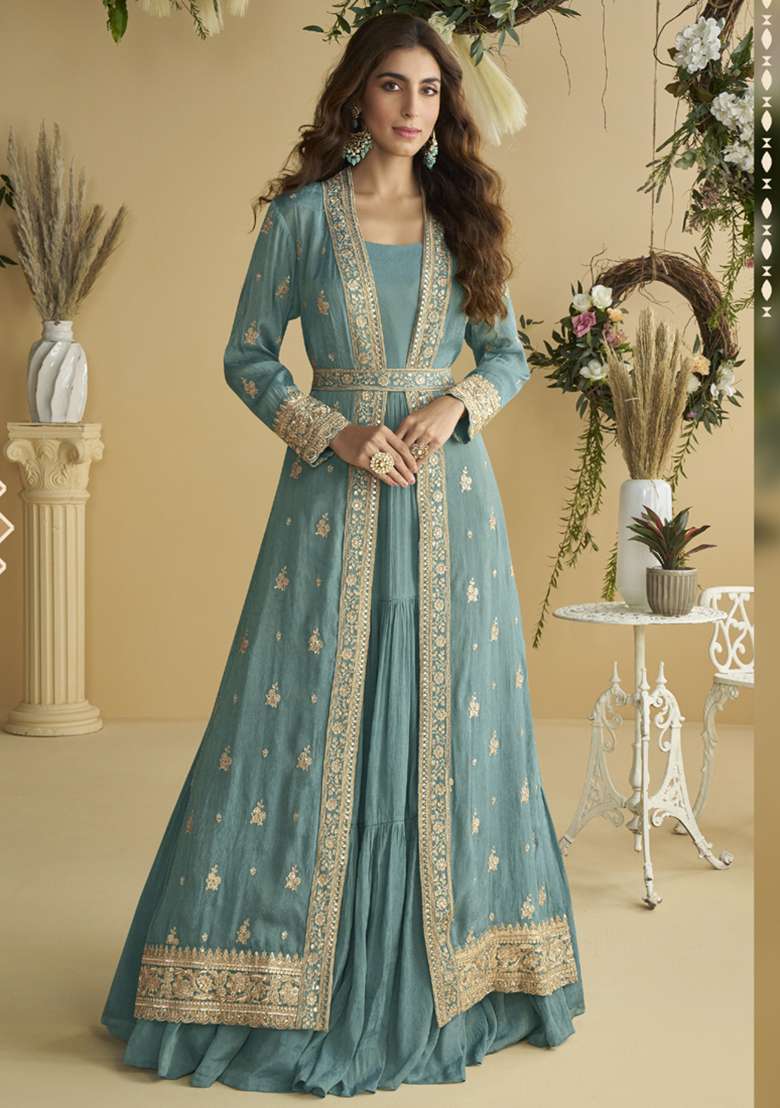 Sky Blue Embroidered Silk Blend Anarkali Set - Indya