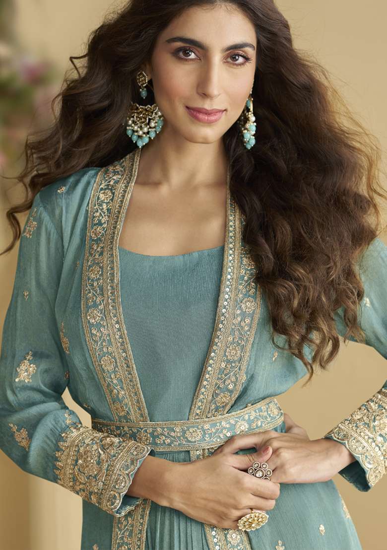Sky Blue Embroidered Silk Blend Anarkali Set - Indya
