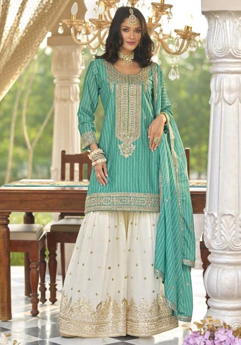 Turquoise Embroidered Silk Kurta Set