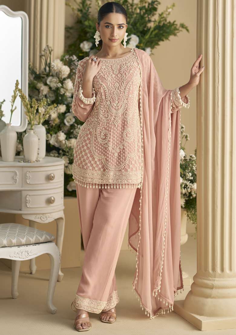 Beige Embroidered Net Pakistani Suit Set - Indya