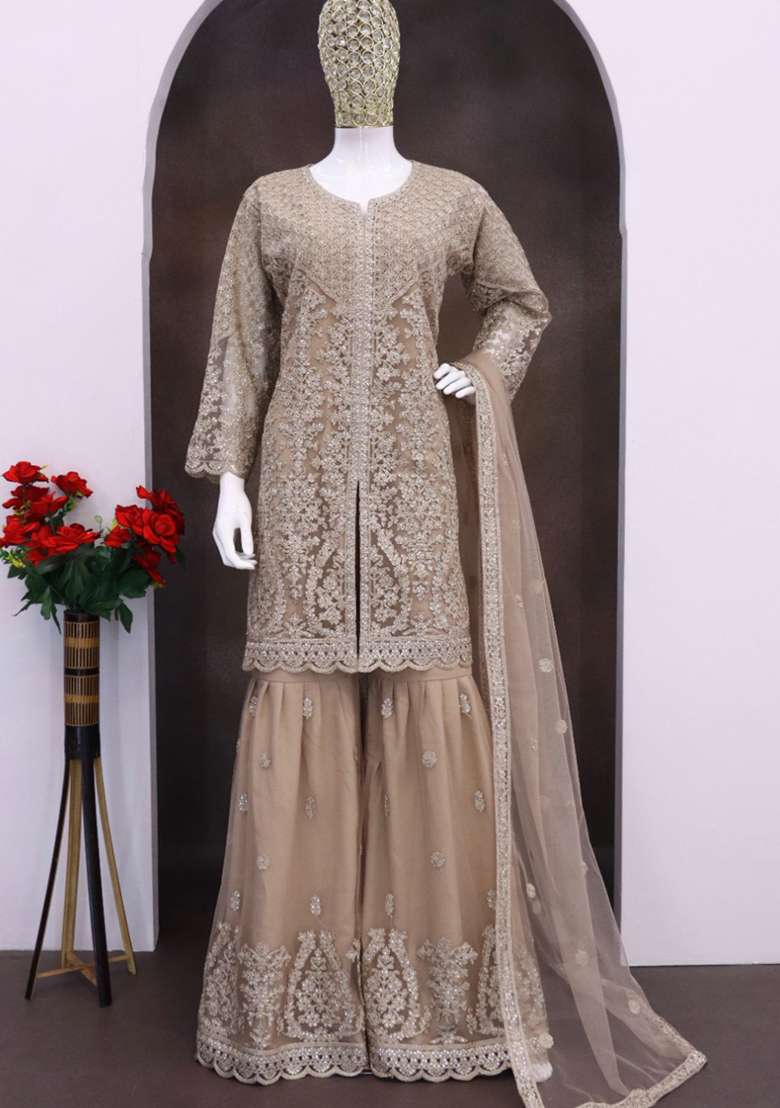 Beige Embroidered Net Pakistani Suit Set - Indya