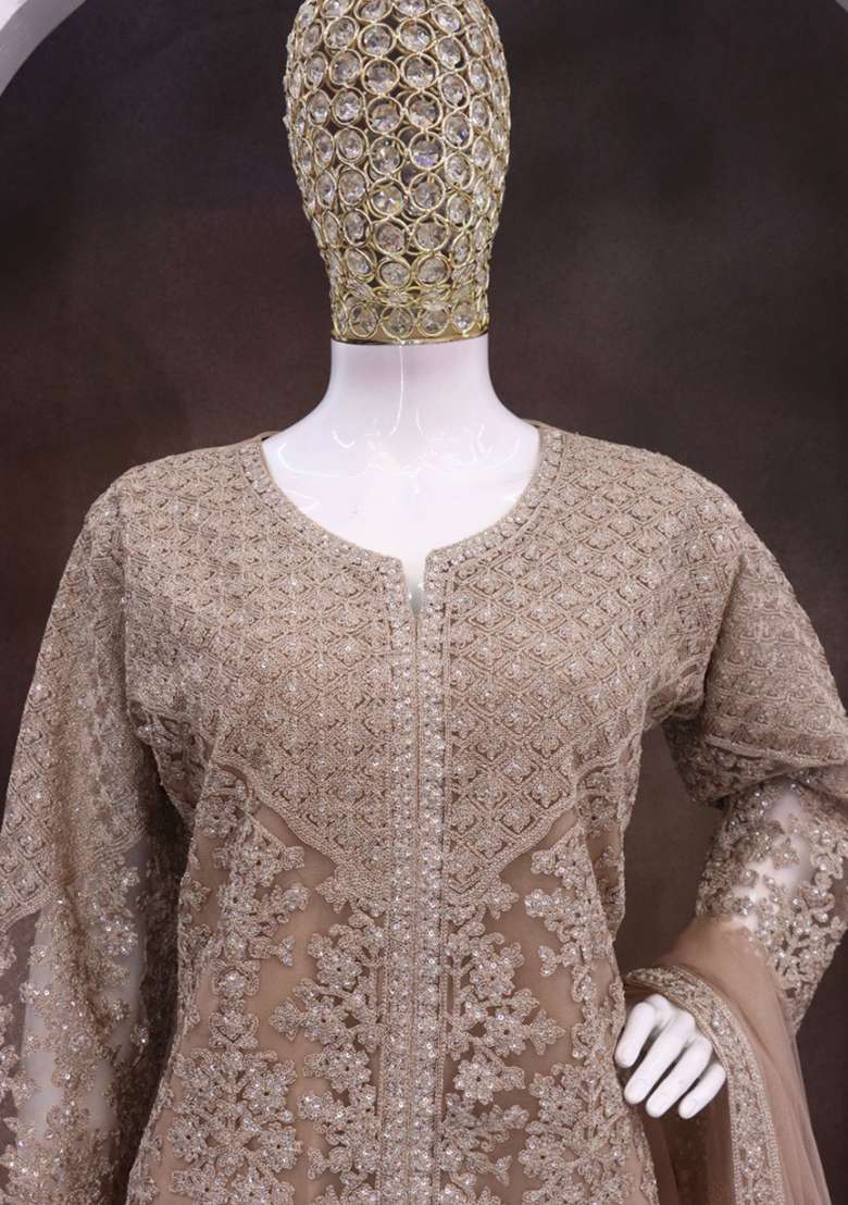 Beige Embroidered Net Pakistani Suit Set - Indya