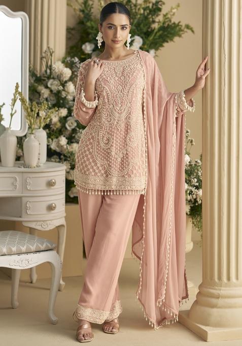 Beige Embroidered Net Kurta Set
