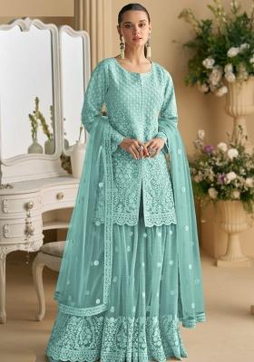 Turquoise Embroidered Net Kurta Set