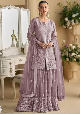 Onion Pink Embroidered Net Kurta Set
