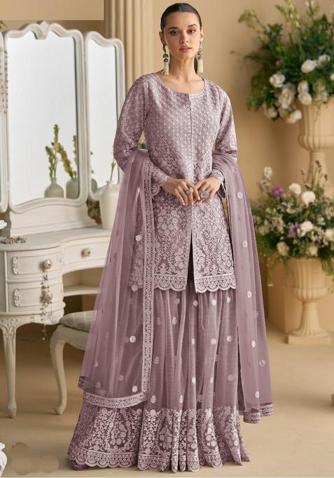Onion Pink Embroidered Net Kurta Set