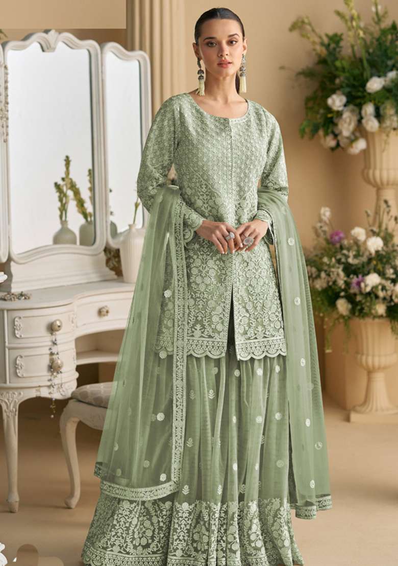 Light Green Embroidered Net Sharara Set - Indya