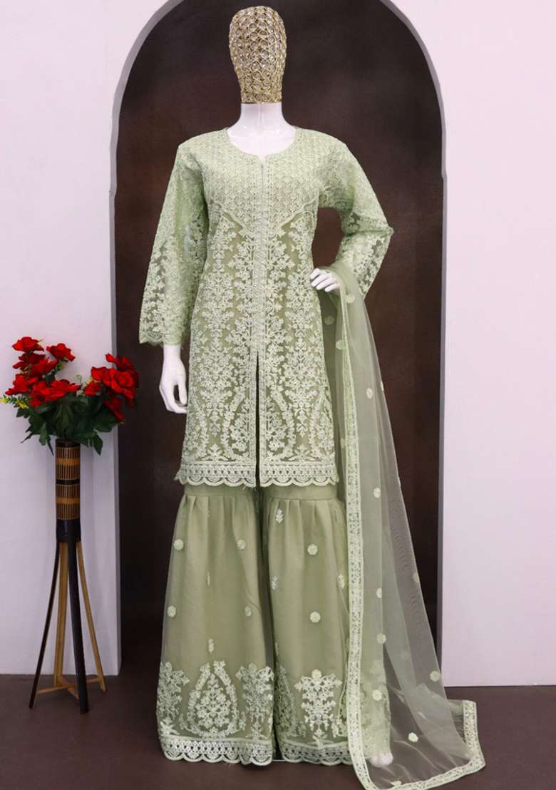 Light Green Embroidered Net Sharara Set - Indya