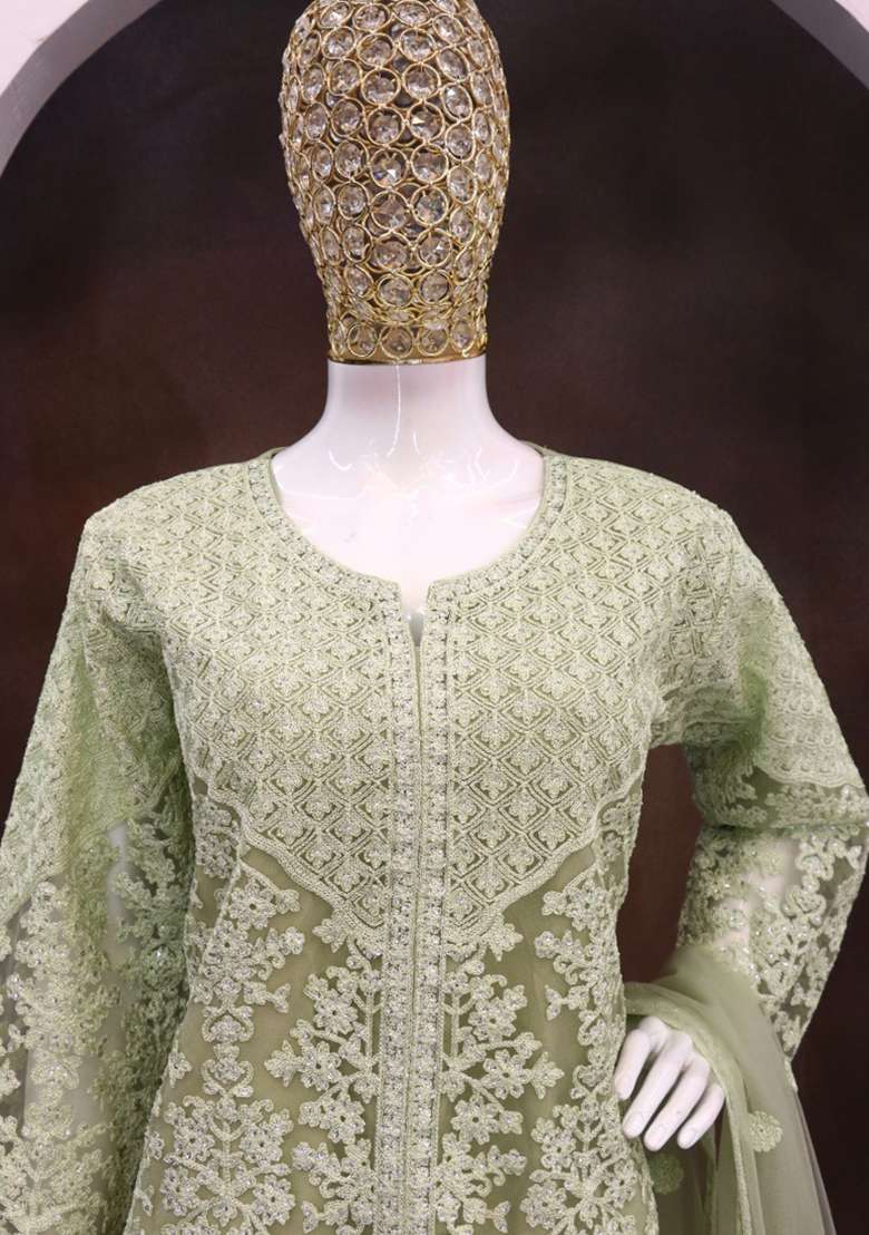 Light Green Embroidered Net Sharara Set - Indya