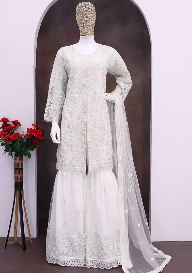Off White Chikankari Net Sharara Set - Indya