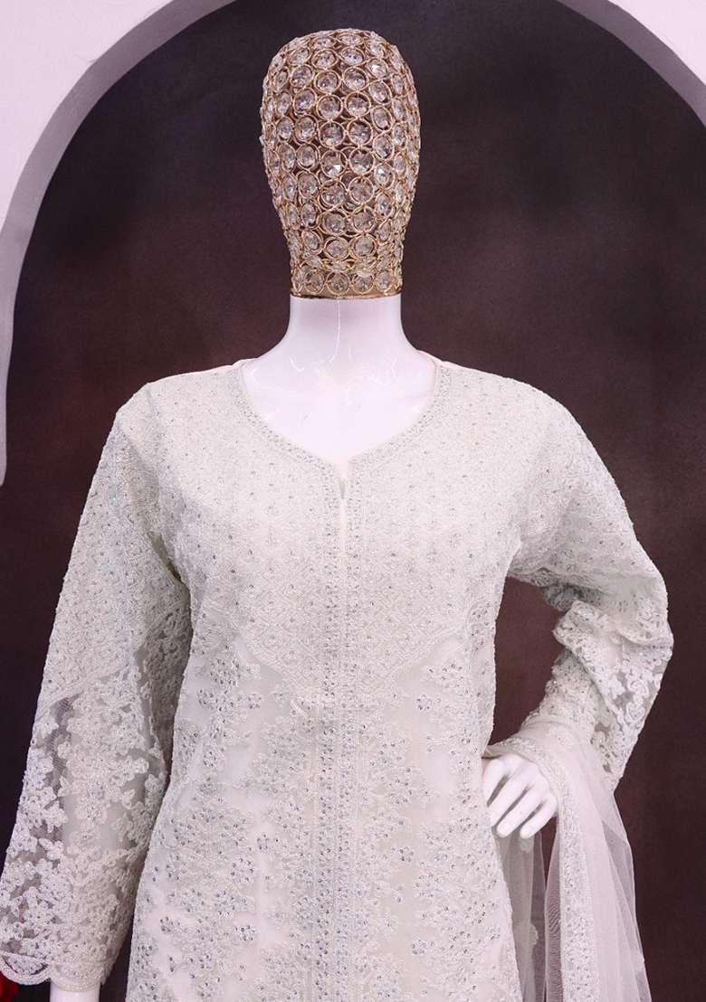 Off White Chikankari Net Sharara Set - Indya