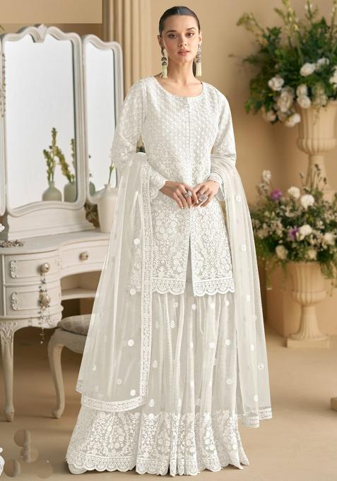 Off White Embroidered Net Kurta Set