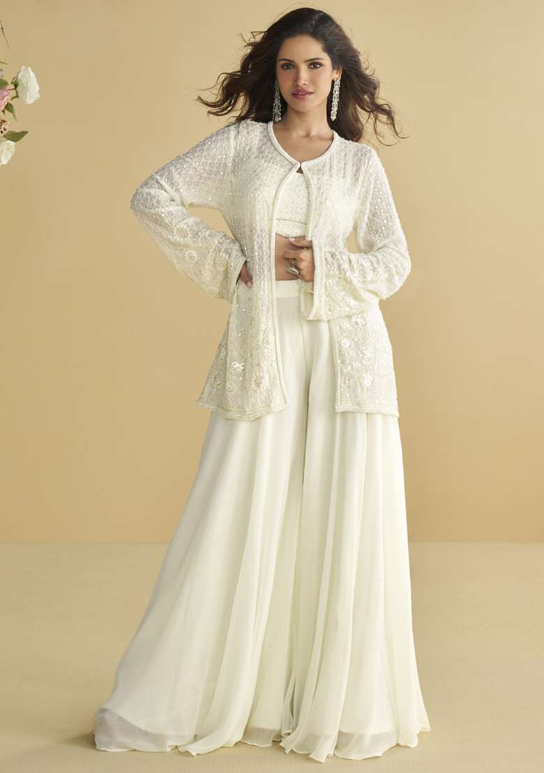 White Embroidered Georgette Co Ord Set - Indya