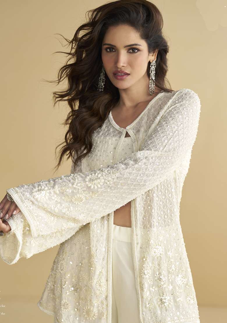 White Embroidered Georgette Co Ord Set - Indya