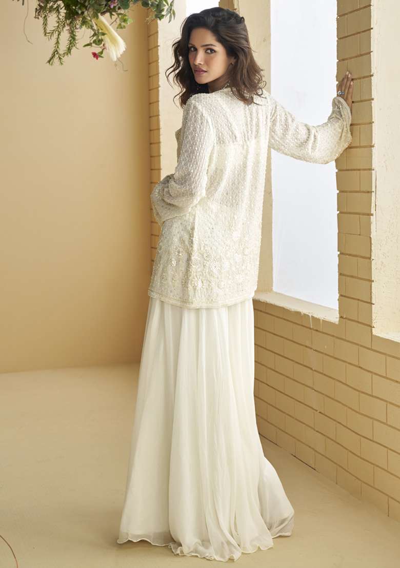 White Embroidered Georgette Co Ord Set - Indya