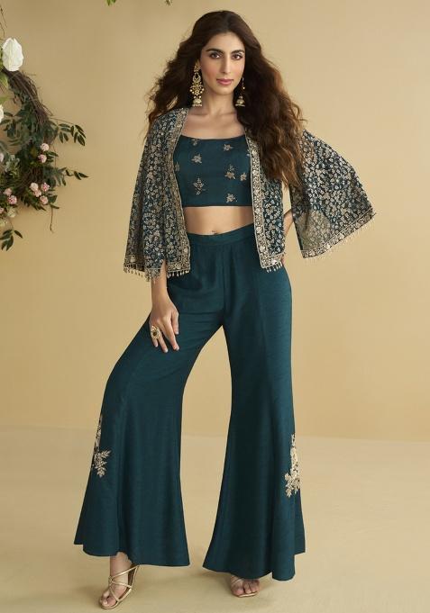 Blue Embroidered Georgette Kurta Set