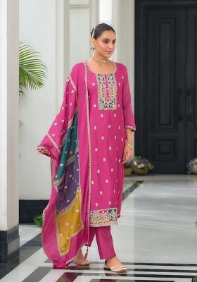 Pink Embroidered Chinon Kurta Set