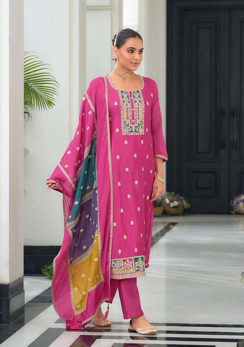 Pink Embroidered Chinon Straight Kurta Set - Indya