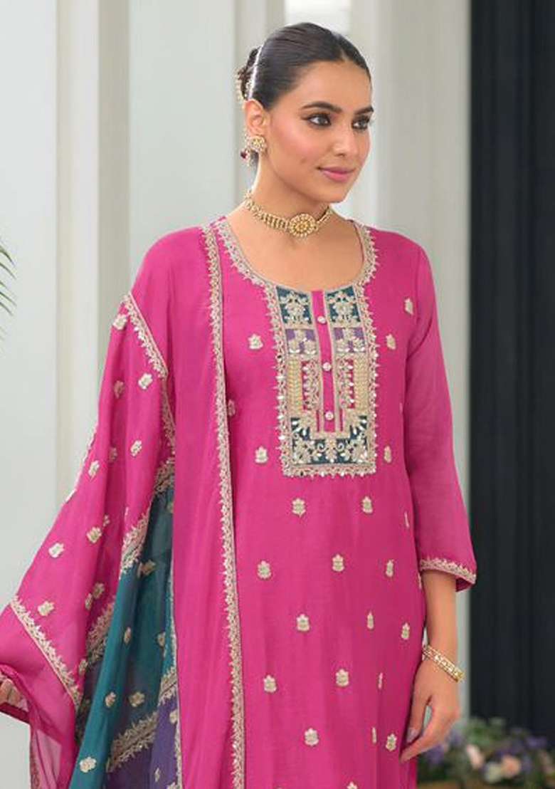 Pink Embroidered Chinon Straight Kurta Set - Indya