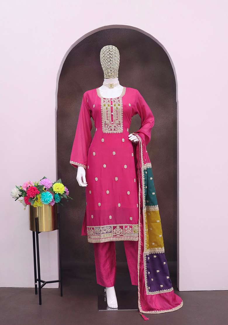 Pink Embroidered Chinon Straight Kurta Set - Indya