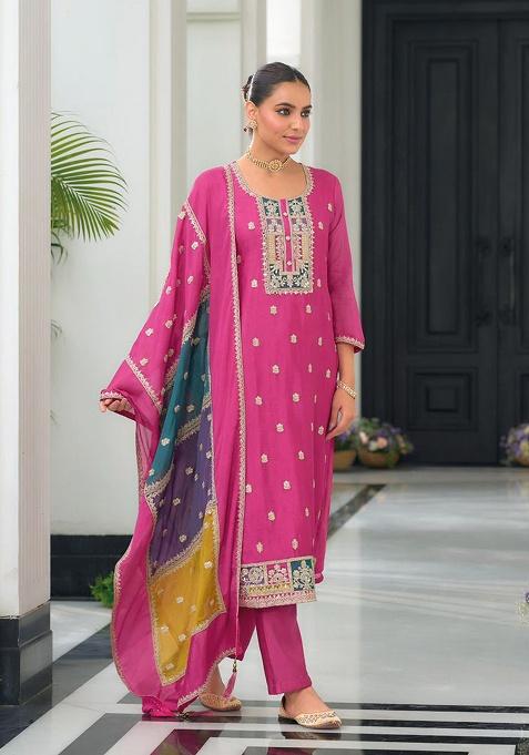 Pink Embroidered Chinon Kurta Set