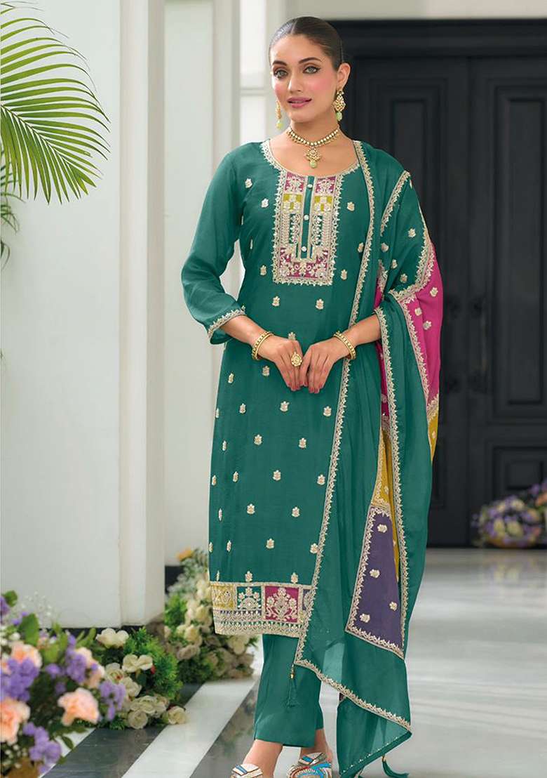 Green Embroidered Chinon Straight Kurta Set - Indya