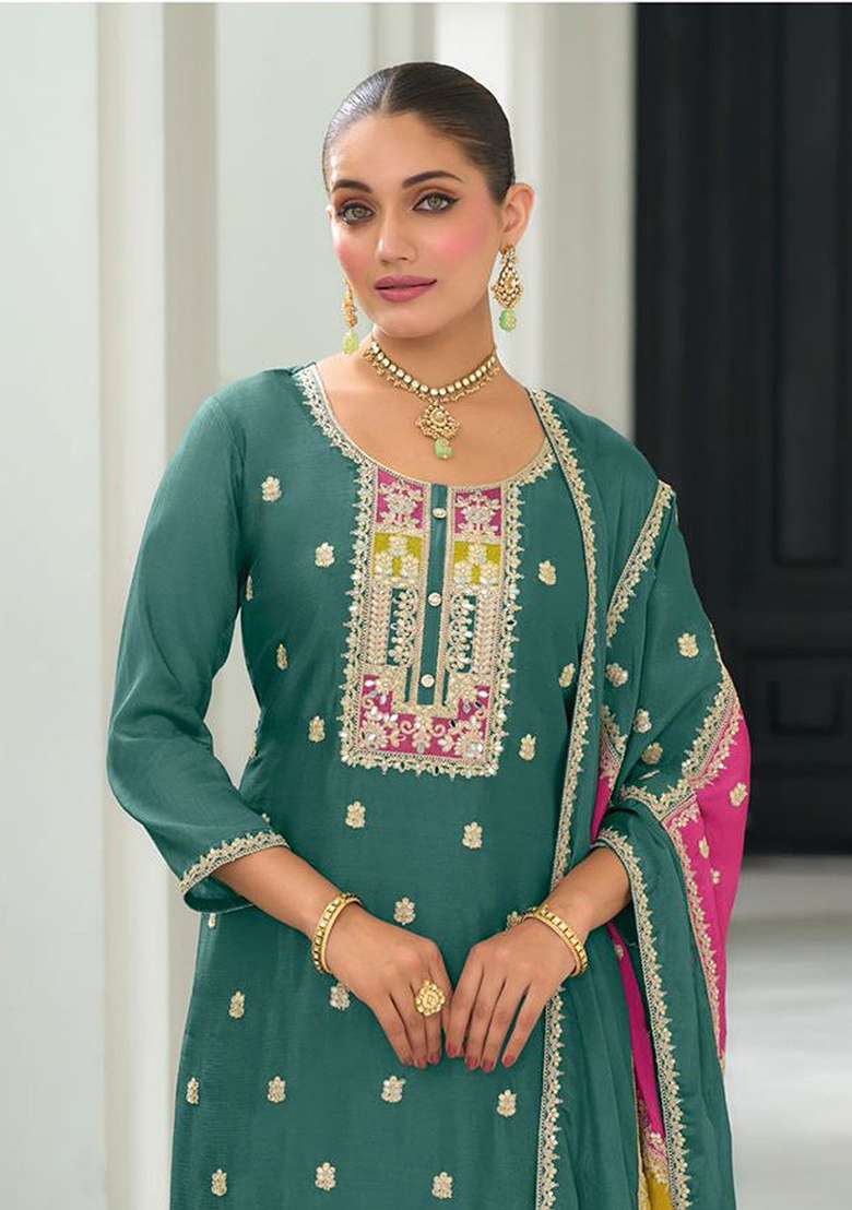 Green Embroidered Chinon Straight Kurta Set - Indya