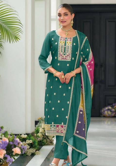 Green Embroidered Chinon Kurta Set