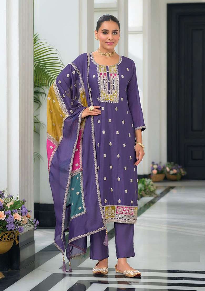 Purple Embroidered Chinon Straight Kurta Set - Indya