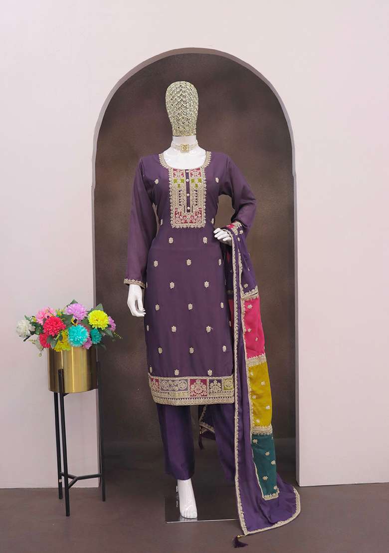 Purple Embroidered Chinon Straight Kurta Set - Indya