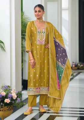 Yellow Embroidered Chinon Straight Kurta Set