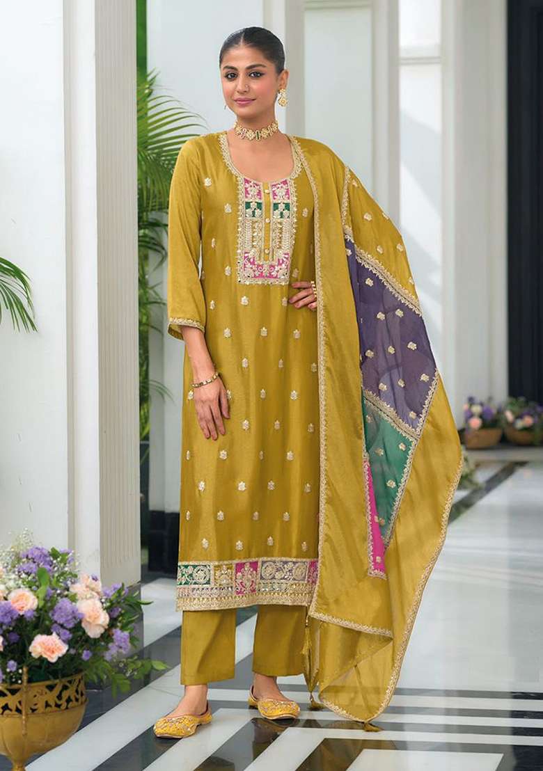 Yellow Embroidered Chinon Straight Kurta Set - Indya