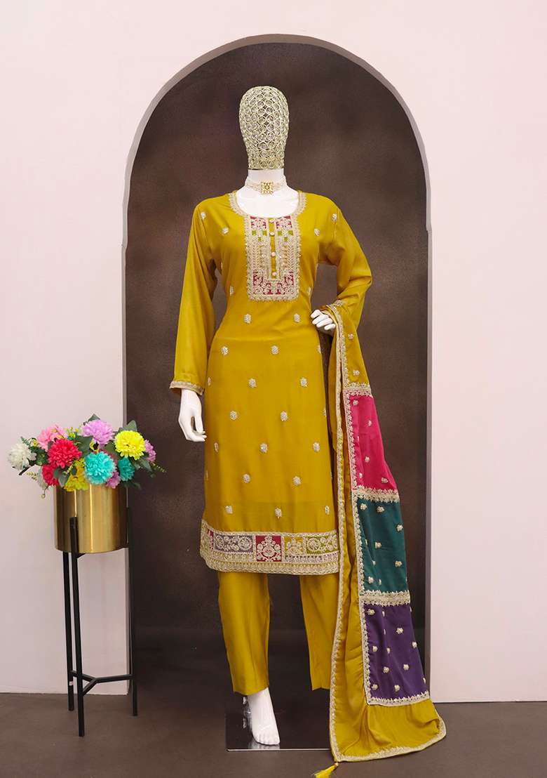 Yellow Embroidered Chinon Straight Kurta Set - Indya