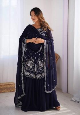 Navy Blue Motif Georgette Kurta Set