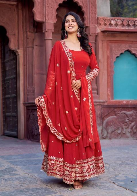 Red Motif Blended Kurta Set