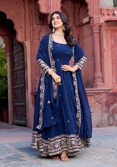 Blue Motif Blended Kurta Set