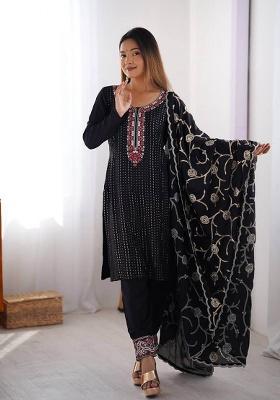 Black Motif Silk Kurta Set