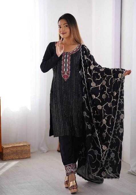Black Motif Silk Kurta Set