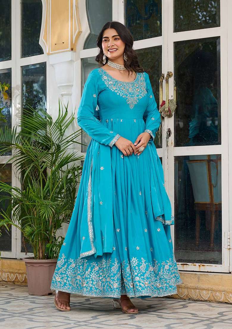 Blue Motif Silk Kurta Set - Indya