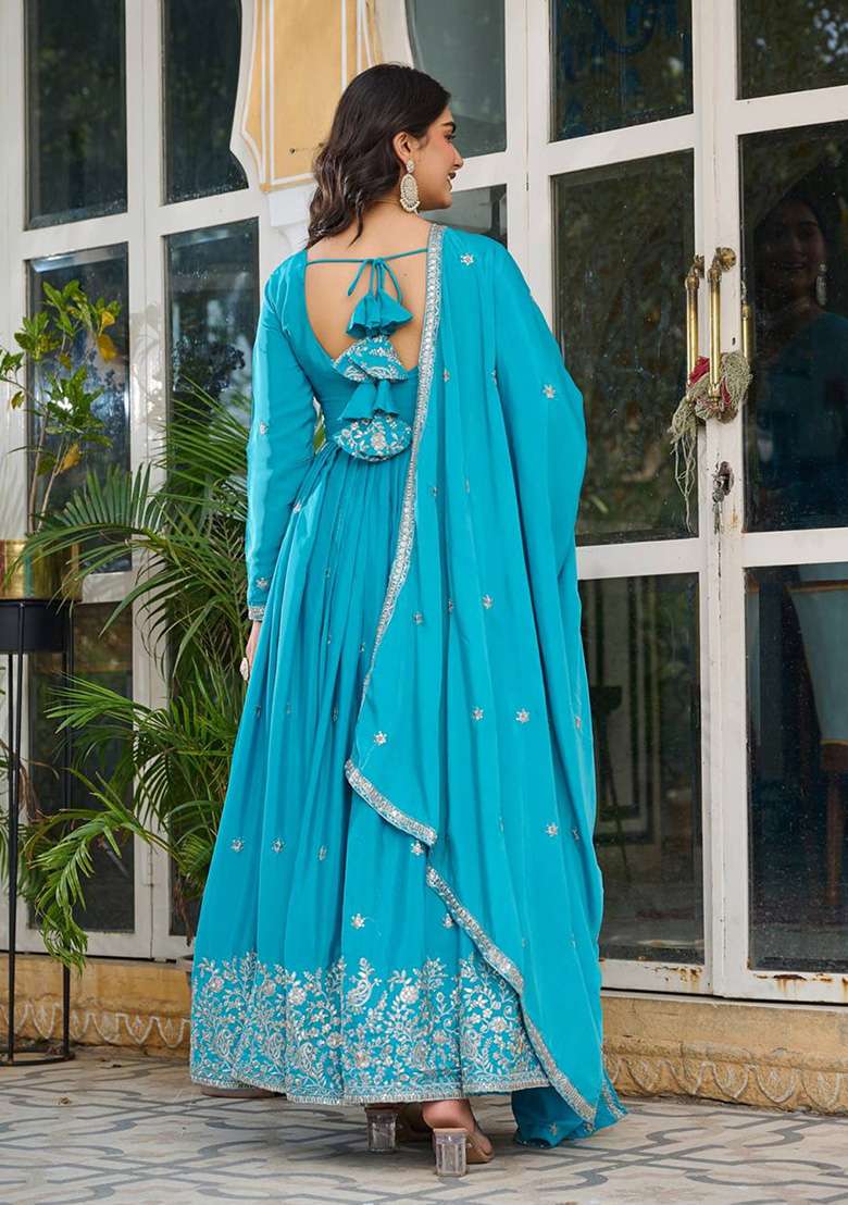 Blue Motif Silk Kurta Set - Indya